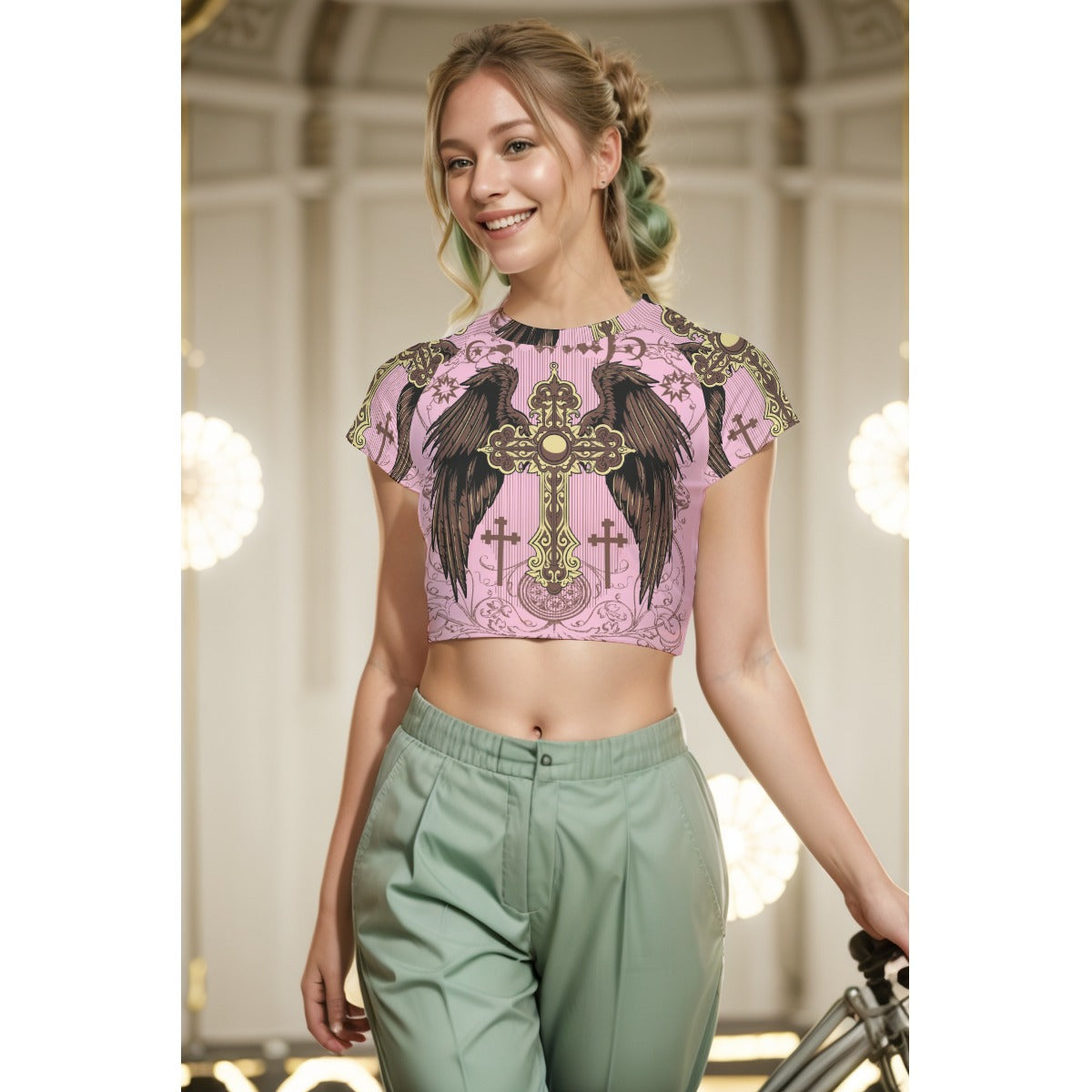 Pink Cross and Wings Crop Top image 0